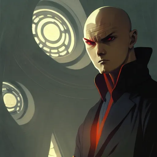 Prompt: Agent 47 in a scene from naruto, artstation, concept art, smooth, sharp focus, illustration, art by and greg rutkowski and alphonse mucha