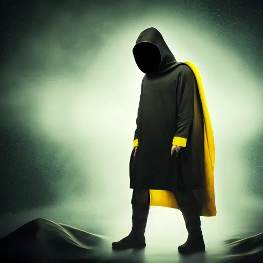 Image similar to award - winning. trending on artstation. cinematic. surreal. 4 k. a person wearing hooded frayed yellow robes and a minimalist steel mask staring while a black hole floats behind them. dark background.