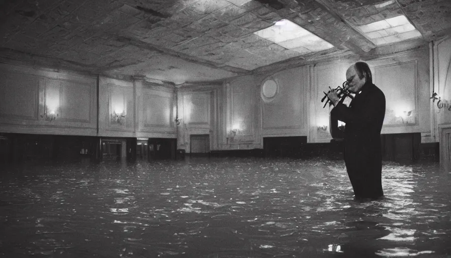 Image similar to 7 0 s movie still of an old violonist standing in a soviet ballroom flooded in mud, cinestill 8 0 0 t 3 5 mm eastmancolor, heavy grain, high quality, high detail