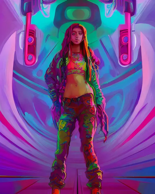 Image similar to colorful full body portrait of a hippie, set in the future 2 1 5 0 | highly detailed | very intricate | symmetrical | professional model | cinematic lighting | award - winning | painted by mandy jurgens | pan futurism, dystopian, bold colors, cyberpunk, groovy vibe, anime aesthestic | featured on artstation