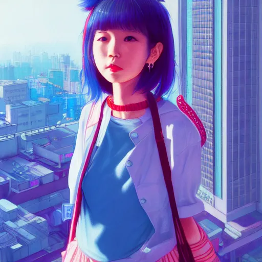 Image similar to 1 9 8 0 s japanese girl in a city pop city, hyper detailed, 8 k, trending, in artstation, digital painting, studio quality, cryengine, character design, smooth, sharp focus