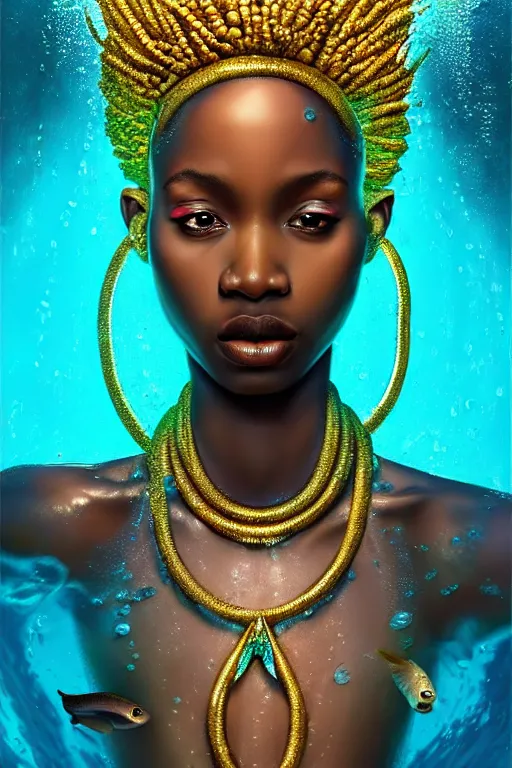 Image similar to hyperrealistic cinematic very expressive! translucent!! african goddess, full body, underwater scene with fish and algae, gold jewerly, highly detailed face, digital art masterpiece, eric zener cam de leon, dramatic pearlescent turquoise light on one side, long shot, low angle uhd 8 k, shallow depth of field