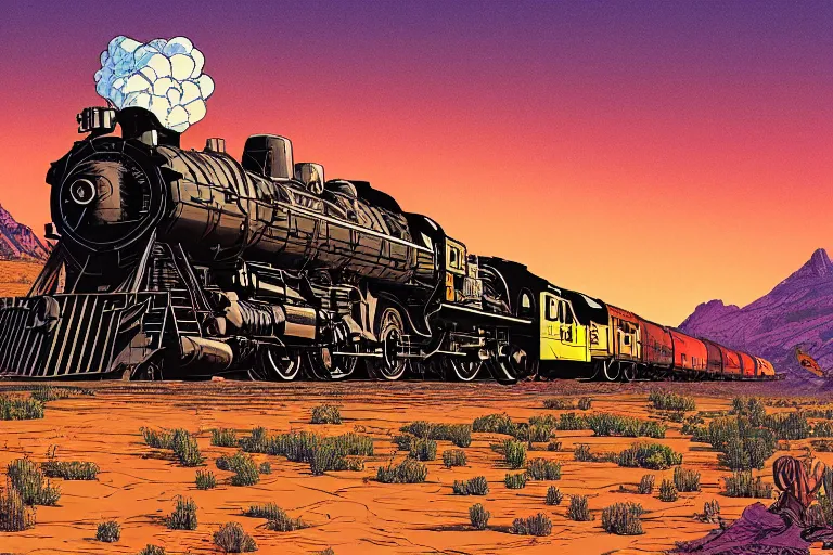 Prompt: old western freight train illustration by joe fenton and syd mead and p. craig russell and barry windsor - smith, artstation, 4 k, graphic novel, concept art, matte painting, steam engine spewing billowy white clouds of steam, beautiful idyllic mountain desert sunset background, golden hour, art nouveau