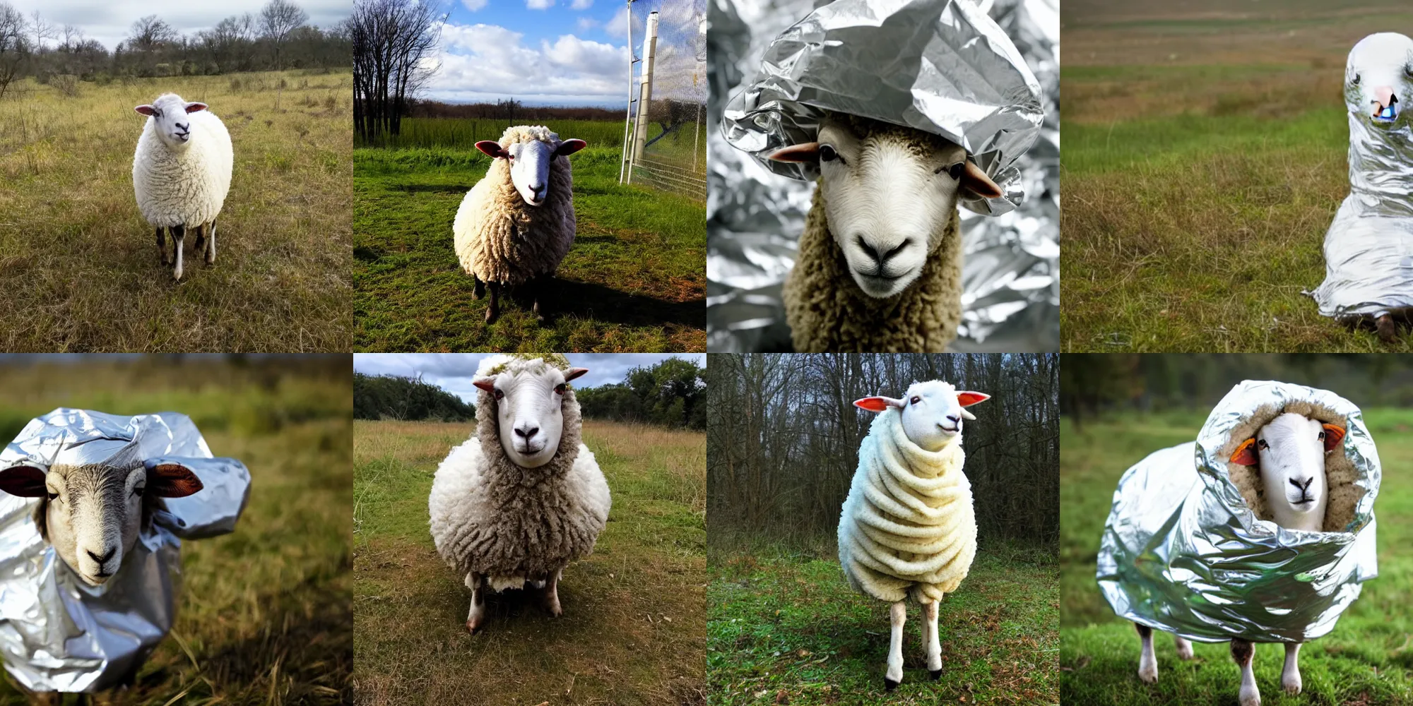 Prompt: photo, a sheep wrapped in cling foil, standing on a clearing