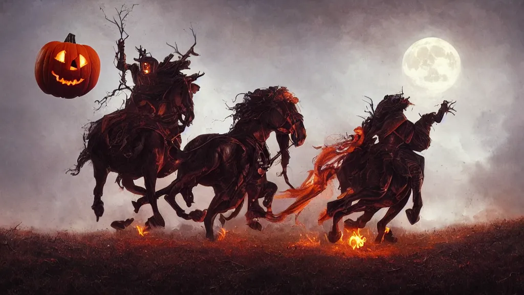 Prompt: a headless!!! colonial rider!!!! holding a ( jack - o - lantern ) on a rampant ( ( black horse ) ) with fiery eyes, background gnarled trees and large supermoon, in the styles of greg rutkowski, keith parkinson, and john quidor, intricate, detailed, volumetric lighting