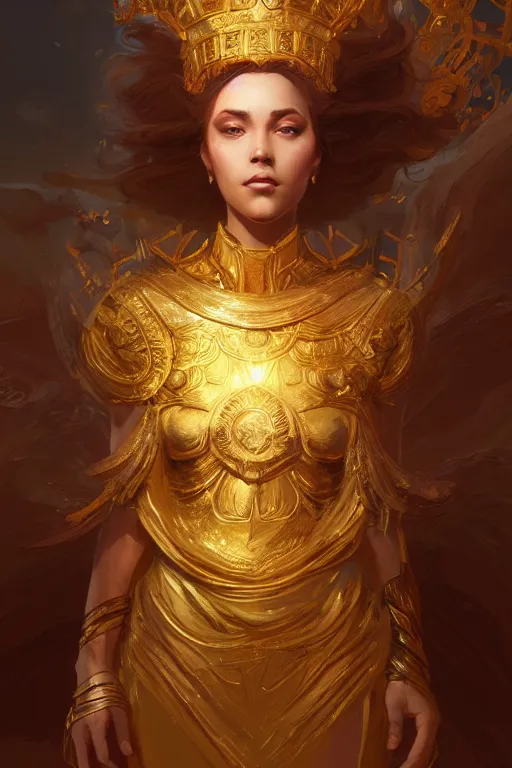 Image similar to goddess of the golden crown, highly detailed, digital painting, artstation, concept art, smooth, sharp focus, illustration, unreal engine 5, 8 k, art by artgerm and greg rutkowski and edgar maxence