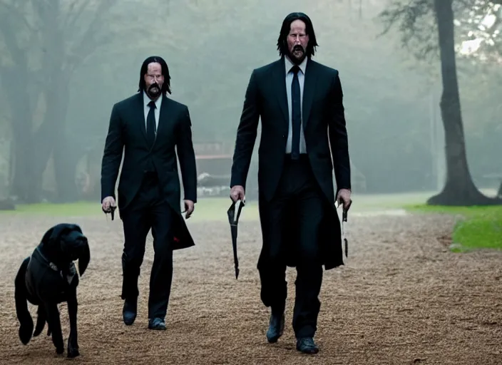 Prompt: film still of john wick played by keanu reeves walking his dog in the park in the new john wick movie, 4 k