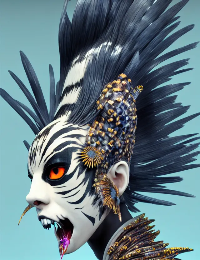 Image similar to 3 d goddess close - up profile simple portrait punk with mohawk with tiger skull. beautiful intricately detailed japanese crow kitsune mask and clasical japanese kimono. betta fish, jellyfish phoenix, bio luminescent, plasma, ice, water, wind, creature, artwork by tooth wu and wlop and beeple and greg rutkowski