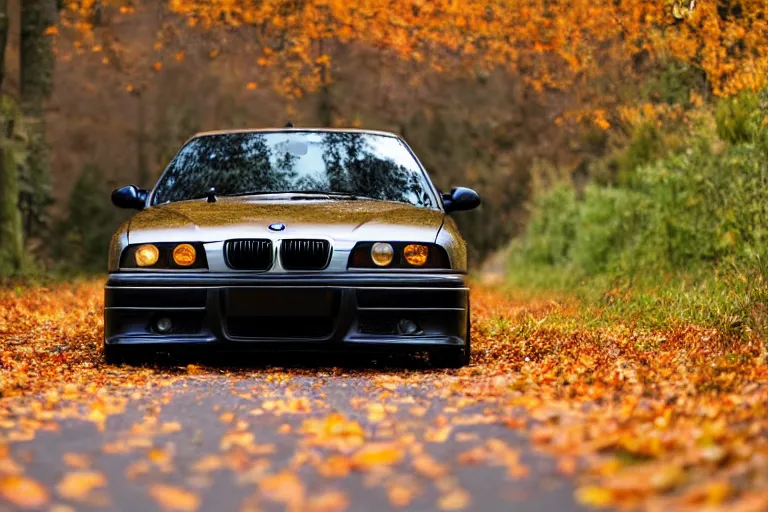 Image similar to A BMW e36 parked in a road with trees, autumn season, Epic photography, taken with a Canon DSLR camera, 250 mm, depth of field