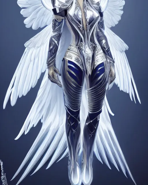 Image similar to perfect white haired egyptian goddess wearing white dove wings, warframe armor, regal, attractive, ornate, sultry, beautiful, dreamy, half asian, pretty face, blue eyes, detailed, scifi platform, 4 k, ultra realistic, epic lighting, android body, illuminated, cinematic, masterpiece, art by akihito tsukushi, voidstar, artgerm