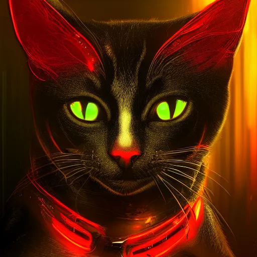 Prompt: portrait of a beautiful cyberpunk cat, background with neon, digital art, highly-detailed, artstation, cgsociety