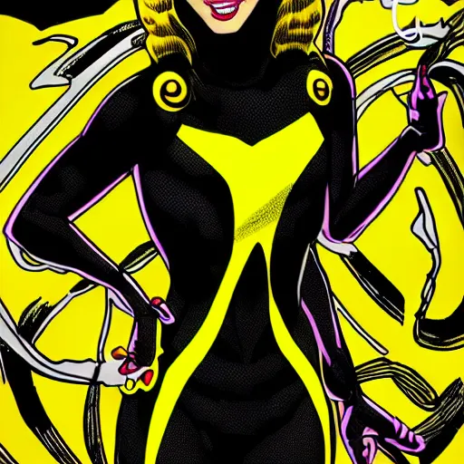 Image similar to black and yellow spiderman girl costume drawn by steve ditko comic book art style, 4 k digital art