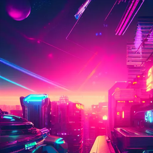 Image similar to synthwave neon city in space, cinematic, highly detailed, photograph, scifi, micro detail, octane render, physically based rendering, insane details, photorealism, fantasy, 8 k, cgsociety