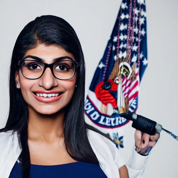 Image similar to portrait of Mia Khalifa as the President of United States, by Charlotte Grimm, natural light, detailed face, CANON Eos C300, ƒ1.8, 35mm, 8K, medium-format print