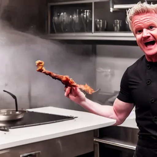 Image similar to hyper real Gordon Ramsey cooking a unicorn in kitchen 4k