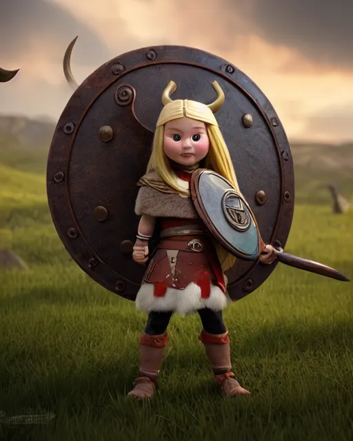 Prompt: an adorable toy of a viking girl with her shield raised to defend, pixar style, authentic viking armor, historically accurate, clean detail, symmetrical, octane render, studio lighting