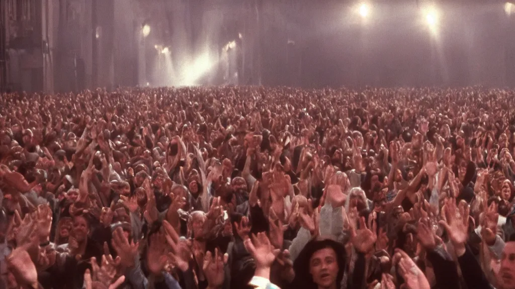 Image similar to movie still of a crowd waving hands saying good morning, cinematic composition, cinematic light, by ridley scott