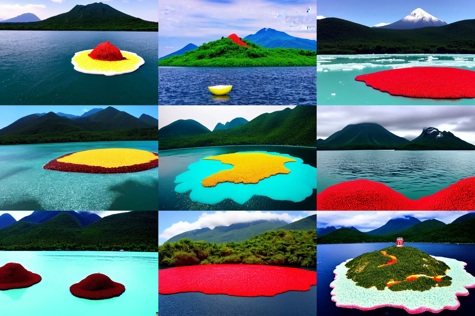 Image similar to an island made of red caviar, in the center of this island there are several mountains made of white ice cream, the water around this island is made of coca - cola ( dark brown water ), the photo was taken from a boat, lemon slices float on the water