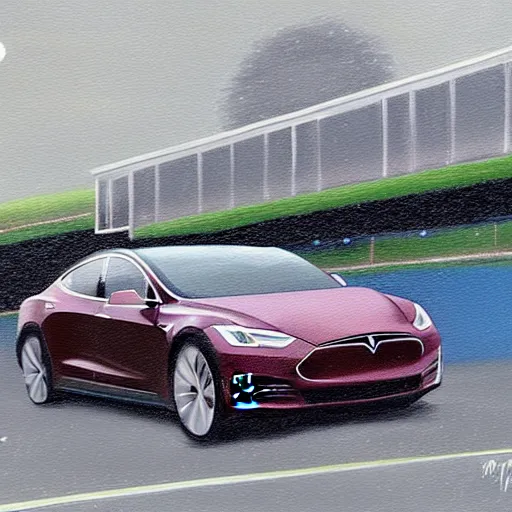 Image similar to a painting of elon musk driving a tesla the camera angle is just right and it's raining