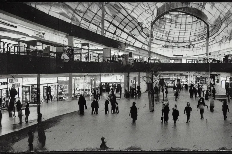 Image similar to decayed photograph of a dystopian shopping mall, bleakly lit with hunched over shoppers moving between the stores