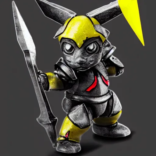 Prompt: photograph of tabletop mini of pikachu in warhammer 4 0 k armor, 8 k