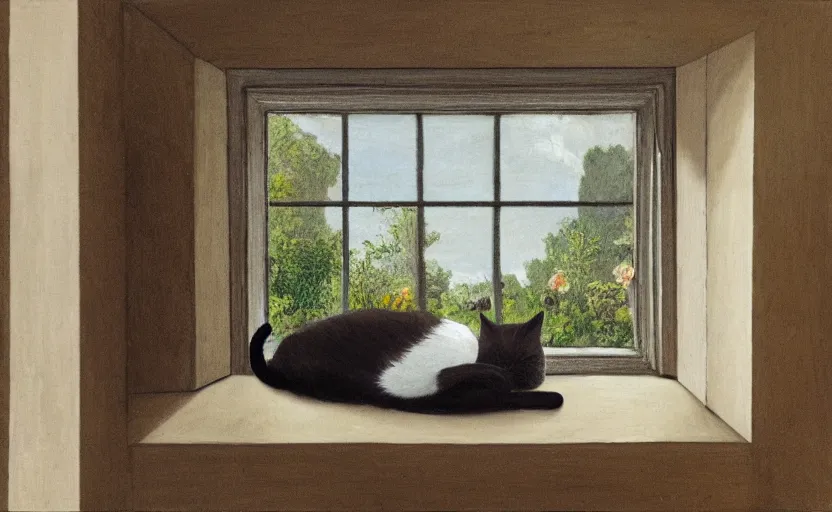 Prompt: sleeping cat on window, inside house in village, plants, neoclassicism style