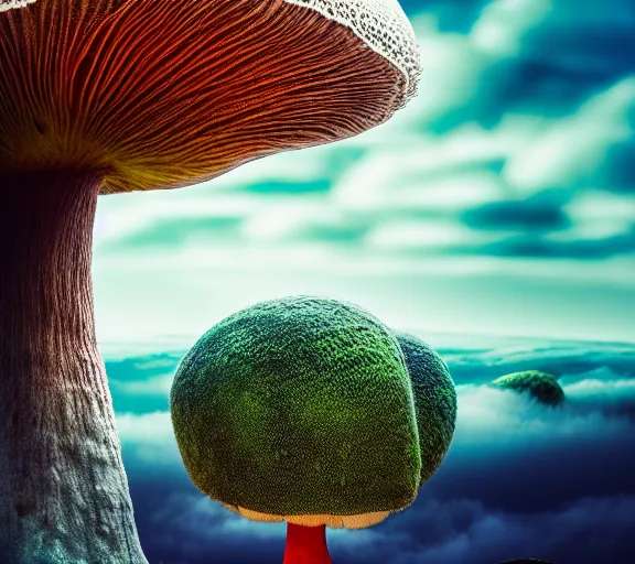 Image similar to a giant mushroom engulfs a whole kingdom and reaches above the clouds. intricate. lifelike. soft light. sony a 7 r iv 5 5 mm. cinematic post - processing