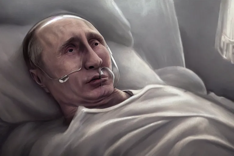 Image similar to hyperrealistic oil painting of very ill Vladimir Putin as a patient wearing an oxygen mask on a death bed inhaling from Copium tank that stand near his bed, detailed face, artstation, matte painting, highly detailed, intricate, concept art, dramatic cinematic lighting, octane render, 8k, unreal engine