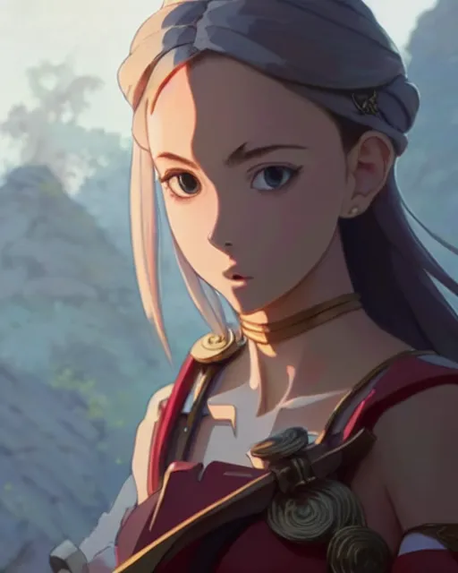 Image similar to corinna kopf as an azctec warrior, detailed perfect face, exquisite details, fire magic, mid view, design on a white background, by studio muti, greg rutkowski makoto shinkai takashi takeuchi studio ghibli