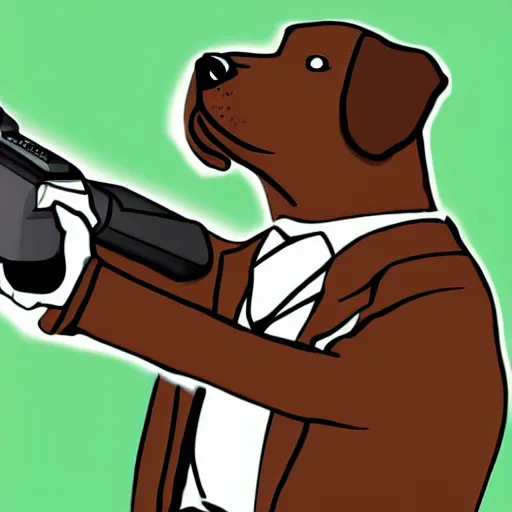 Image similar to a dog in a man's body wearing a business suit and pointing a gun, Digital art