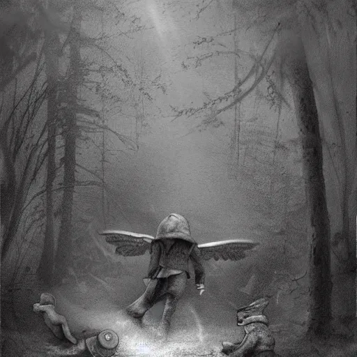 Image similar to a grave digger with remnants of angel wings is chasing a child through a creek in the woods, bad dream, hazy memory, volumetric, dark black and white in the style of alvin schwartz, epic angles
