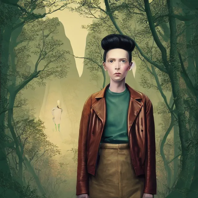 Image similar to portrait of alone androgynous girl wearing bakelite leather jacket, bakelite rocky mountains, moss green japanese haunted forest background, ultrafine hyperdetailed illustration by hsiao - ron cheng and artgerm, modular synthesizer 8 0 s sony stereo helmet backpack, the grand budapest hotel, glow, no crop, digital art, artstation, pop art