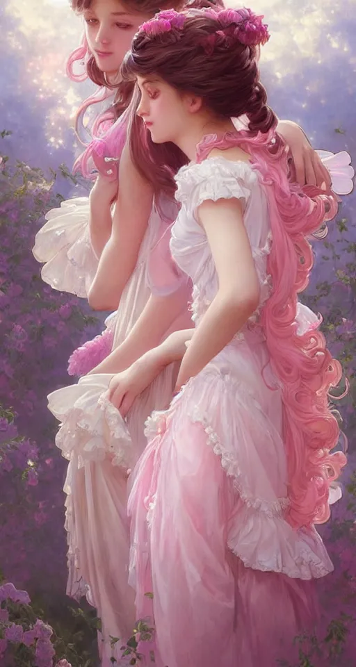 Image similar to portrait of two magical lolita girls, dreamy and ethereal, pink eyes, peaceful expression, ornate frilly dress, fantasy, intricate, elegant, rainbow bubbles, highly detailed, digital painting, artstation, concept art, smooth, sharp focus, illustration, art by artgerm and greg rutkowski and alphonse mucha