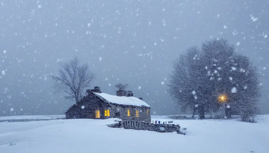 Prompt: A Desolate Cottage with light emitting from it snowed in in a wonderful winter landscape. Blizzard, Heavy snow falling, Snowstorm, Light Haze, Magical Lighting