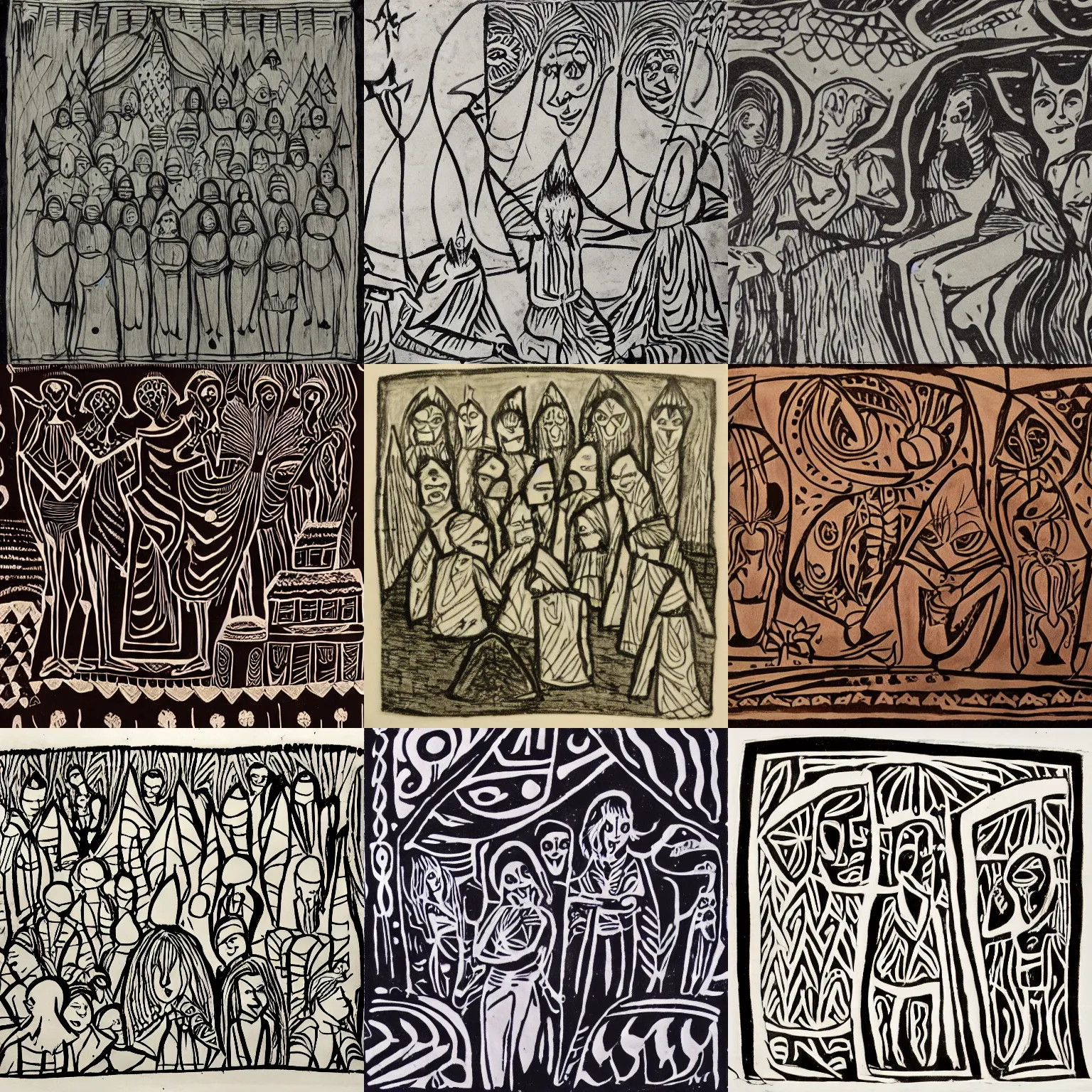Prompt: Sgraffito of a gathering of elves