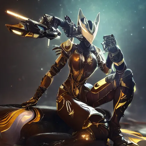 Prompt: highly detailed exquisite fanart, of a beautiful female warframe, elegant pose, holding a detailed epic kitgun, high quality hands, epic cinematic shot, DeviantArt, high quality artstation, HD render