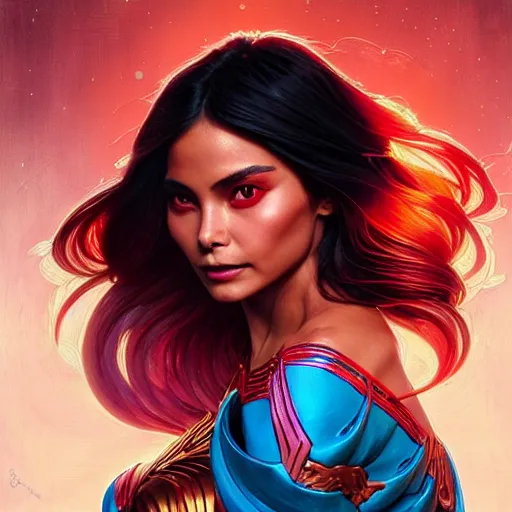 Image similar to lovi poe as darna, volumetric lights, red and cyan theme, art nouveau botanicals, intricate, highly detailed, digital painting, artstation, concept art, smooth, sharp focus, cinematic, illustration, beautiful face, art by artgerm and greg rutkowski and alphonse mucha