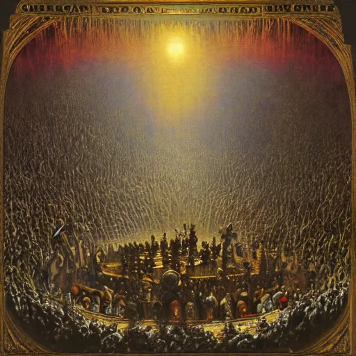 Image similar to full color and depth oil painting of the most epic chess game in all of time and space, by gustave dore, the great masters, cinematic, heavy metal album cover