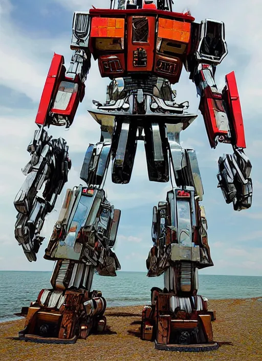 Prompt: A giant bipedal autobot transformer made out of pirate ship, digital art