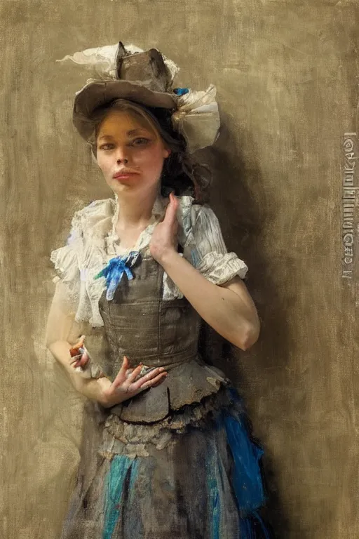 Image similar to Richard Schmid and Jeremy Lipking and Antonio Rotta full length portrait painting of a young beautiful traditonal alice from Alice in Wonderland