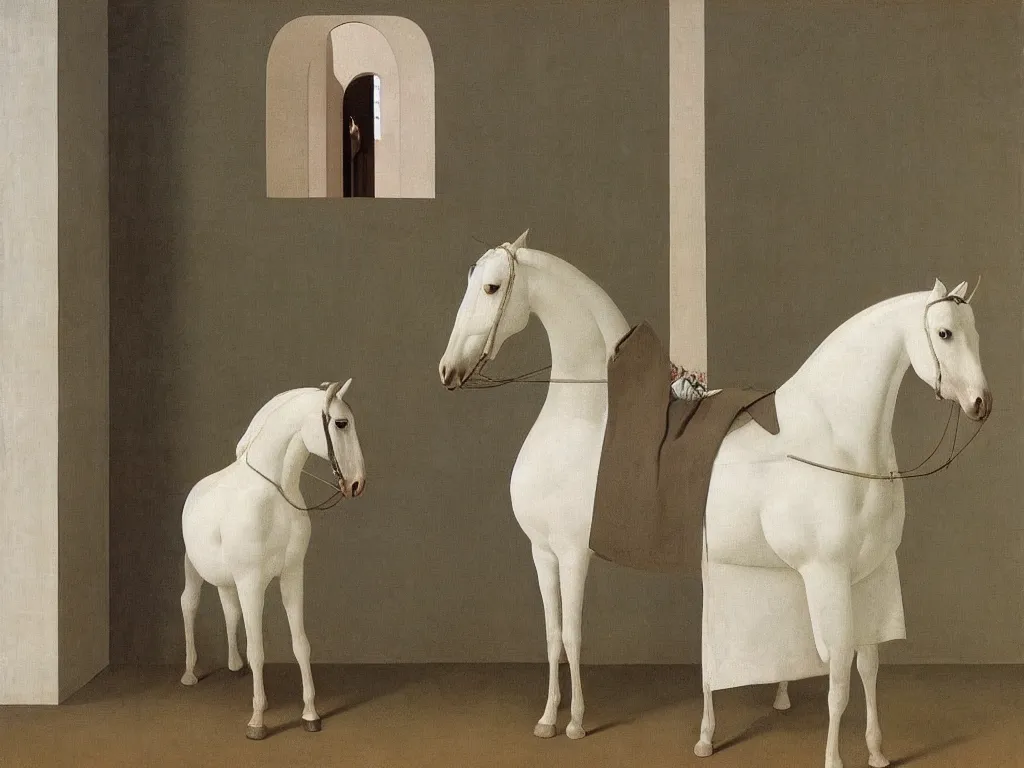 Prompt: Horse dressed in white cloth. Water vase. Painting by Alex Colville, Piero della Francesca, Zurbaran