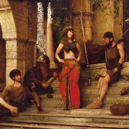 Image similar to orientalist painting of a group of adventurers in a sandstone ruin dungeons and dragons intricate artwork by john william waterhouse and Edwin Longsden Long and Theodore Ralli and Henryk Siemiradzki. high detail 8k