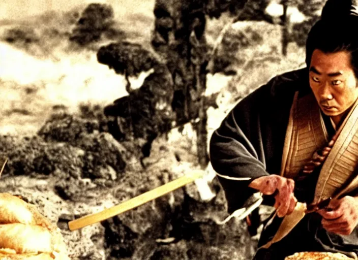 Image similar to a movie still of a samurai slicing through a loaf of bread, a movie by Akira Kurosawa