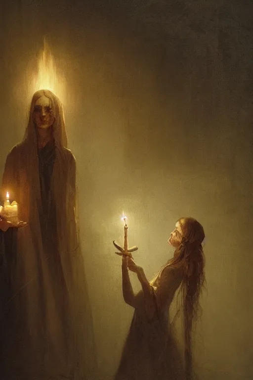 Image similar to Spirit holding a candle in the middle of the room, horror, illustrated by Greg Rutkowski and Caspar David Friedrich., Trending on artstation, artstationHD, artstationHQ, 4k, 8k