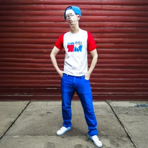 Image similar to a full body shot of an average white, short young - adult man with blue dyed hair holding a microphone, wearing a red backwards cap, white t - shirt with a red no symbol on it, blue long pants and red shoes