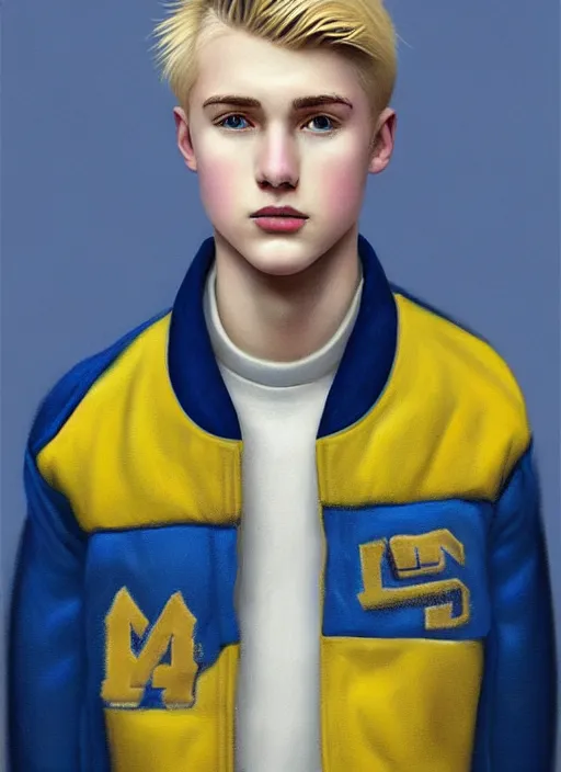 Image similar to portrait of a high school senior boy named moose mason, blonde short hair, jock, beefy, square jaw, square facial structure, 1 9 5 0 s, blue varsity jacket, intricate, elegant, glowing lights, highly detailed, digital painting, artstation, concept art, smooth, sharp focus, illustration, art by wlop, mars ravelo and greg rutkowski