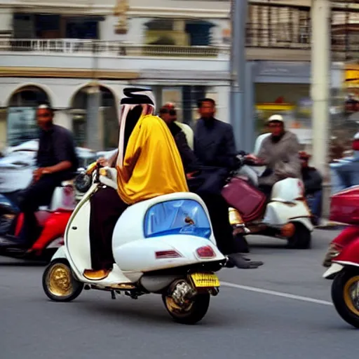 Image similar to a rich arab prince riding a gold plated vespa in heavy traffic