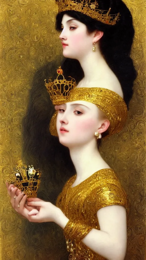 Image similar to painting portrait of a beautiful black haired woman with pale skin and a crown on her head sitted on an intricate metal throne, intricate, elegant, digital painting, smooth, sharp focus, shiny gold, realistic gold, realistic metal, by william - adolphe bouguereau and gustav klimt,