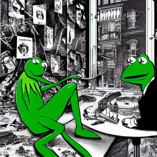 Prompt: kermit the frog as a film noir detective at a crime scene from a serial killer, gruesome hyperrealism by victo ngai and godmachine 8 k creepy horror art