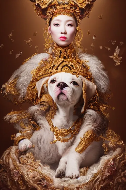 Image similar to a beautiful empress portrait, with a brilliant, impossible striking big Puppy headpiece, clothes made of puppies, everything puppies, symmetrical, dramatic studio lighting, rococo, baroque, asian, hyperrealism, closeup, D&D, fantasy, intricate, elegant, highly detailed, digital painting, artstation, octane render, 8k, concept art, matte, sharp focus, illustration, art by Artgerm and Greg Rutkowski and Alphonse Mucha